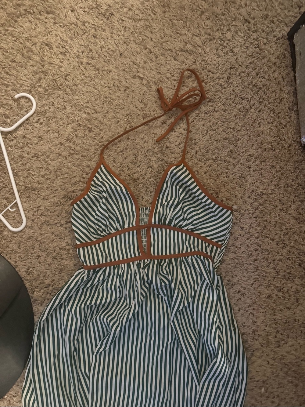Amazon Green and White Striped Halter Maxi Dress with Brown Trim